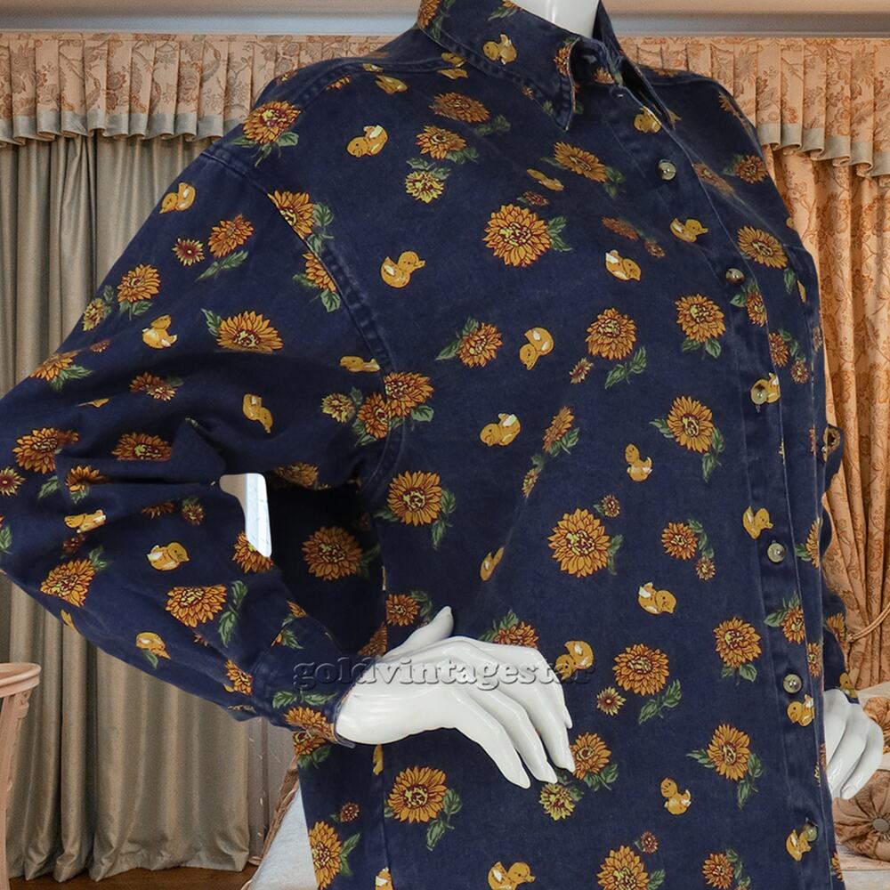 90s Vintage Sunflower Duck Print Denim Shirt L
